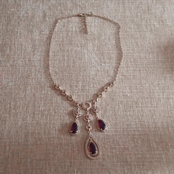 Gold Tone Garnet Dangle Tear Drop Necklace - Picture 5 of 12